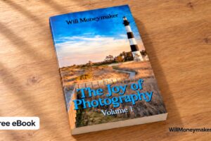The Joy of Photography, Volume 1 eBook cover displayed on a wooden table with a Free eBook label.