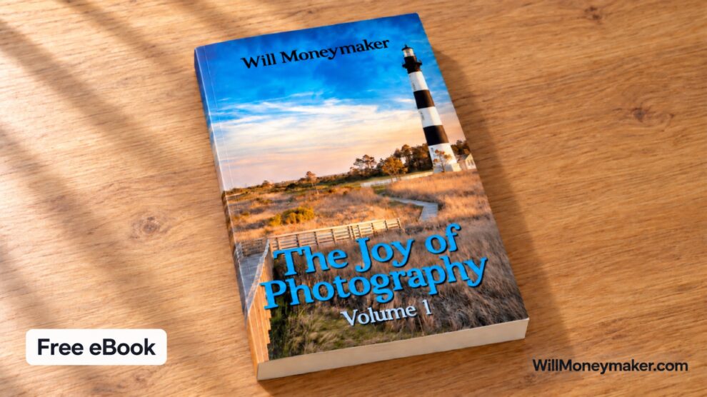 The Joy of Photography, Volume 1 eBook cover displayed on a wooden table with a Free eBook label.