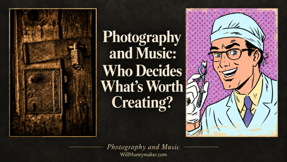 Photography and music artwork pairing an old wooden door photograph with the Music From the Doctor’s Office illustration.