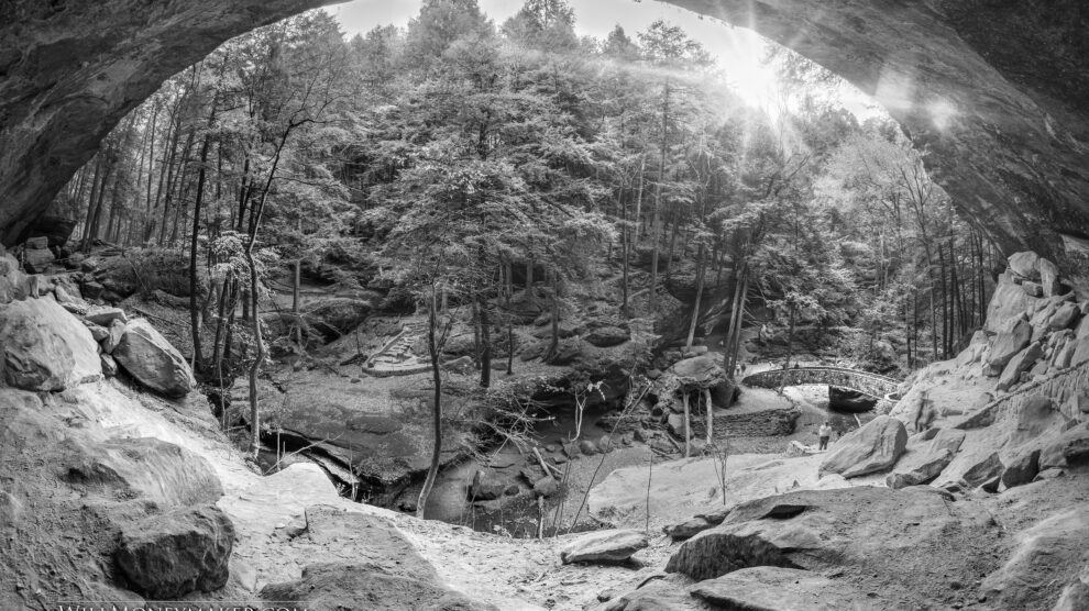 Black-and-white woodland view framed by a rocky overhang, with sunlight and a small stone bridge. Photograph by Will Moneymaker.