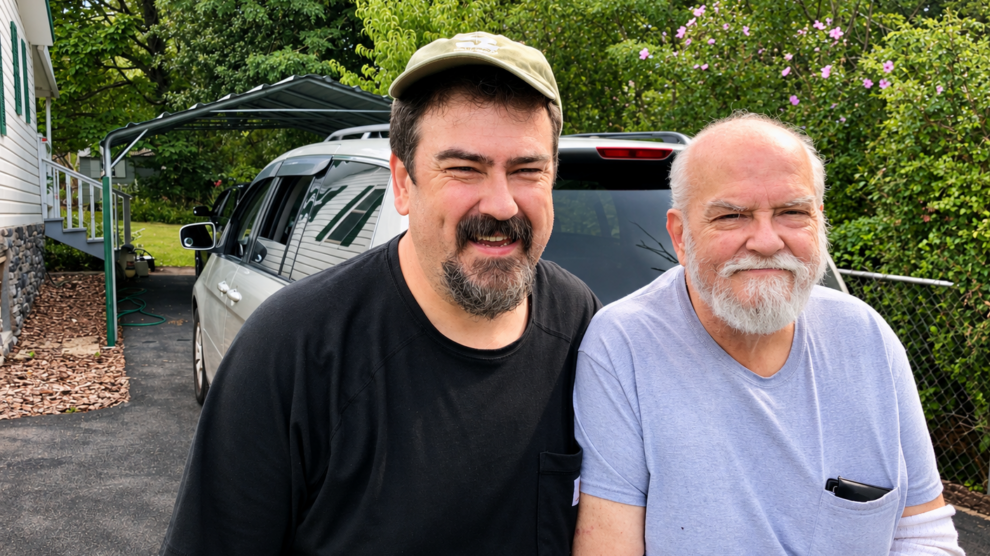 Last photograph of Will Moneymaker and his dad together, standing in a driveway beside a white SUV.