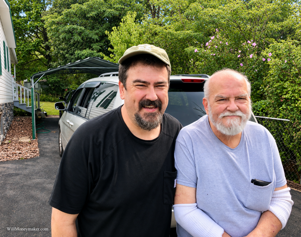 Last photograph of Will Moneymaker and his dad together, standing in a driveway beside a white SUV.