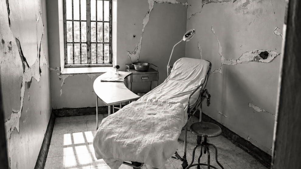 Black-and-white photograph of an empty chair beside a window in a worn room.