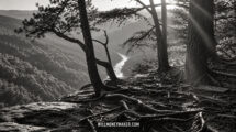 Black-and-white woodland overlook with exposed roots, soft sunrays, and a winding river in the valley.