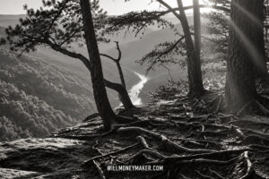 Black-and-white woodland overlook with exposed roots, soft sunrays, and a winding river in the valley.